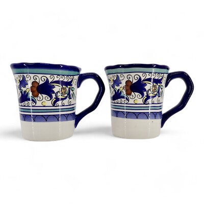 Pier 1 Imports San Marino Mugs Set of Floral Scroll Blue Band Yellow Coffee Cup-image