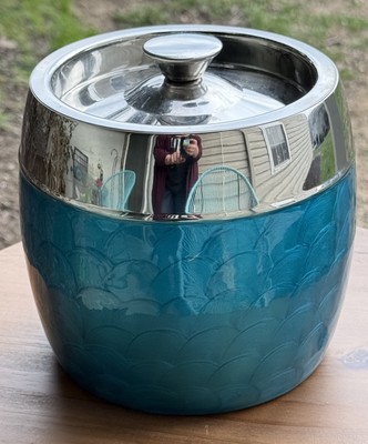 Vintage Pier 1 Imports Ice Bucket Stainless Steel Blue Resin Wave Design MCM Bar-image