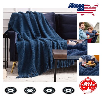 Luxury Textured Knit Chenille Throw Blanket - Boho Style in Navy Blue, 60x80