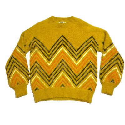 Listicle Fuzzy Sweater Small Ochre Mustard Zig Zag Pattern Cozy Soft Boho Retro-image