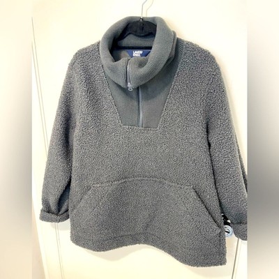 LANDS END Women Cozy Boucle Fleece Pullover shirt Gray Kangaroo Pocket LP-image