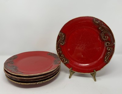 PIER 1 IMPORTS VANIA Salad Plates ~ Set of 5 ~ Brown Scrolls on Red ~ Italy-image