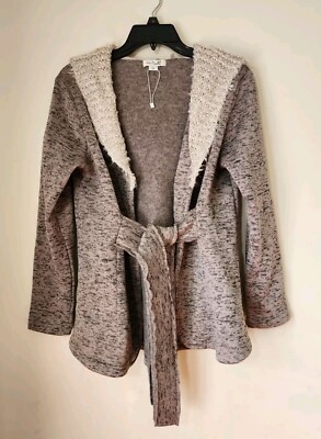 Cozy Up Knit Open Fleece Jacket Hoodie Belt Gray Beige casual Comfort-image