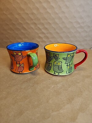 Pier 1 Imports Owl Coffee Tea Cups Set Of 2 Stackable Colorful Whimsical Design-image
