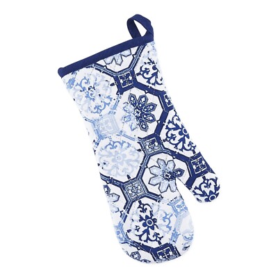 Geometric Star Print Blue & White Cotton Oven Mitt 7 In x 13 In Design Imports-image