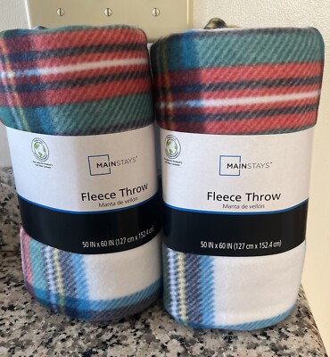 Lot of 2 Mainstays Fleece Throw Blankets 50x60in Red Plaid-image