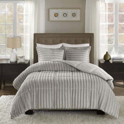 NEW! ~ COZY ULTRA SUPER SOFT & PLUSH LUXURY GREY CHIC MODERN FUR COMFORTER SET-image