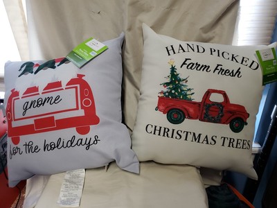 Outdoor Throw Pillows White/Red Truck/ Tree/Gnome.