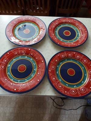 Pier 1 One SAN MARCO  Dinner Plates Abstract Blue Red Gold 11 3/8” Set Of 4-image