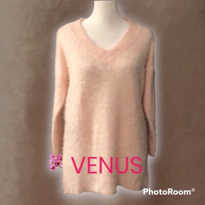 Venus Women’s Baby Pink Eyelash Fluffy V-Neck Tunic Small Relaxed Cozy Comfort-image
