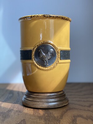 Pier 1 Imports Flower Vase Yellow w/Rooster Design Cylinder Shape-image