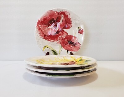 Pier 1 Salad Plates 8 3/4 Inch Floral Ironstone Dessert Imports Exclusive Qty 4-image