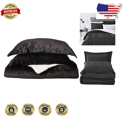 3-Piece King Micromink Sherpa Reversible Comforter Set - Elegant Black Design-image