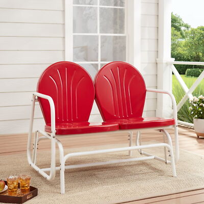 Retro Red Outdoor Steel Glider Loveseat Seating Bench Garden Chair 2 Person-image