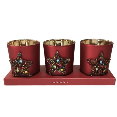 Candleholders Red Frosted Glass Star Bead Design New Box Set of Three Pier One -image