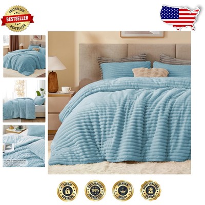 Elegant Light Blue Striped King Comforter Set with 2 Pillowcases - Cozy & Plush-image