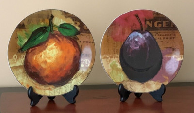 Pier 1 Imports FRUIT CRATE 8 inch Salad Plates Plum and Orange SET of 2-image