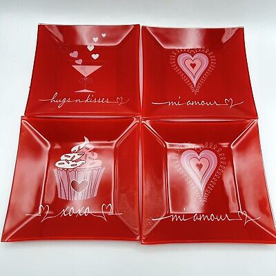 SET OF 4 FUSED ART GLASS RED SQUARE SALAD/DESSERT PLATES DESIGN IMPORTS 6”-image
