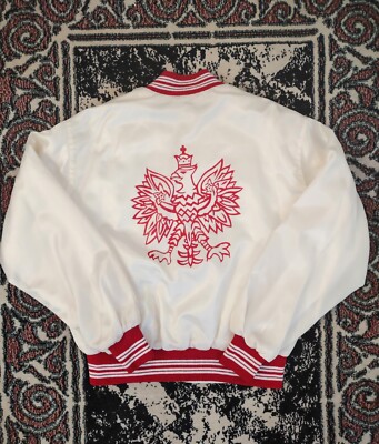 Vintage 80s West Wind Red White Nylon Double Sided Eagle Button Up Jacket Large-image