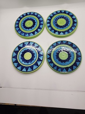 Pier 1 Ceramic Coasters Flower Design Greens Blues Design Round Set/4  Vintage -image