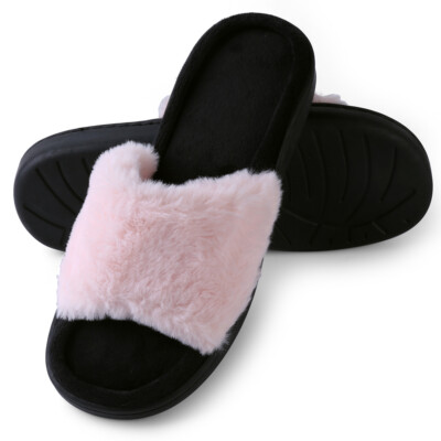 Aerusi Women Cozy Fuzzy Faux Fur Slide Open Toe Slippers Memory Foam House Shoes-image