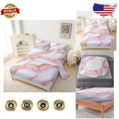 Soft Polyester Pink Marble Kids Bedding Set - Includes Fitted, Flat & Pillowcase-image