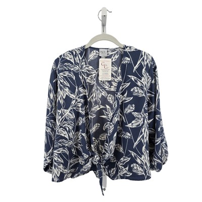 Cozy Co Blue White Over Shirt Womens Small Kimono Cardigan Leaf Print Tie Front-image
