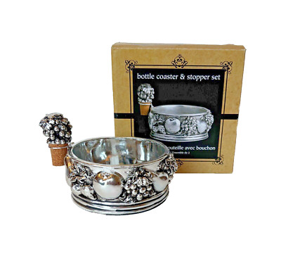 Pier 1 One Wine Bottle Coaster & Stopper 2 Pc Set Ornate Silver Tone Fruit NEW-image