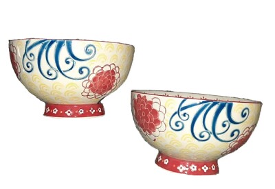 Dutch Wax Coastline Imports 2 Cereal Bowls Footed Handpaint Floral Swirl Ceramic-image