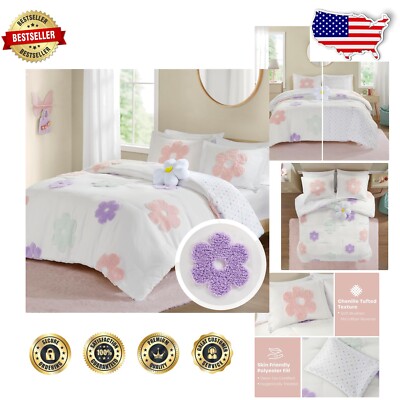 Reversible Twin Comforter Set for Girls - Floral Chenille & Polka Dot Design-image