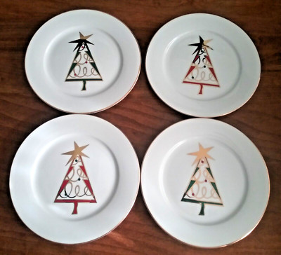 (4) Pier 1 Christmas Tree Holiday Plates Dessert Salad Green Red Gold Star-image