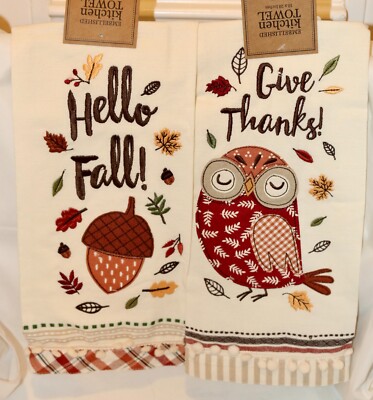 DII Design Imports Fall Dish Towel SET 2 Thanksgiving Hostess Gift Owl Pretty-image