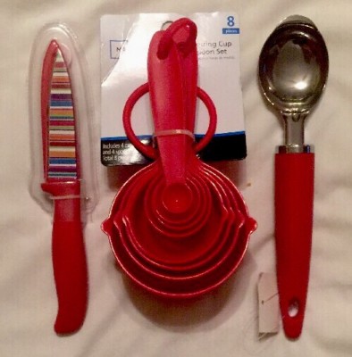 3 Piece Red Kitchen Set, Measuring Cup & Spoon Set, Knife, Ice Cream Scoop, NEW-image