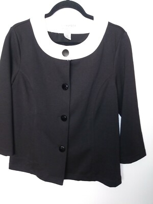 Women's Button Front knit Top Sz M Black ivory Poly spandex stretch Sag Harbor-image