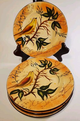 4 Pier 1 Handpainted Bird Plates  Colorful Salad Dinner Dessert Plates 8.5