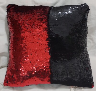 Mainstays Black Red Sequins Mermaid Throw Pillow Black Fuzzy Back 17x17 Sparkle-image