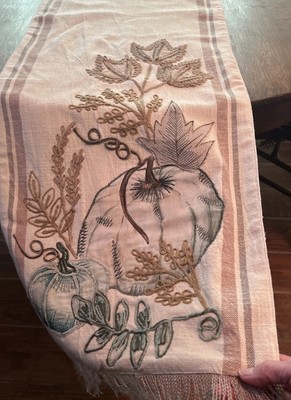 Pier 1 Beige Table Runner Teal Pumpkin Applique Jute Embroidery Fringe 75