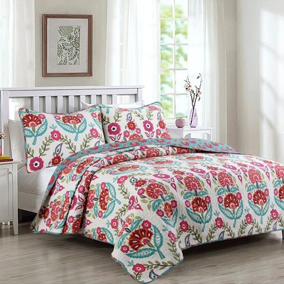 Cozy Line Santa Barbara Floral Print Reversible Cotton Quilt Red, Green, Off Whi-image