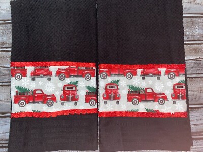 Black 2 piece Set Kitchen Hand Towel Red Truck Christmas Tree Snowflakes Fabric -image