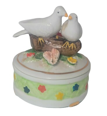 Vtg Arnart Imports Royal Crown Lidded Trinket Box Colorful Birds Flowers Design-image