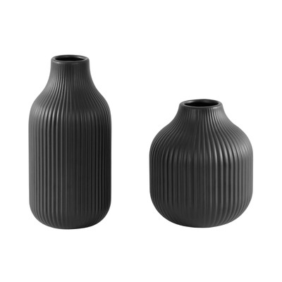 Better Homes & Gardens Ribbed Ceramic Vases 2PC Set Black Finish-image