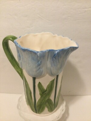 Vintage  Henriksen Imports Japan Blue Tulip Raised Design Pitcher Beautiful-image