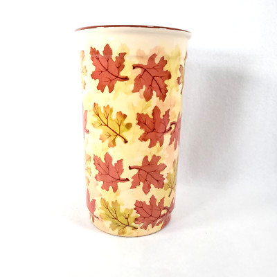 Pier 1 Imports Fall Green and Brown Leaf Design Vase Ceramic Round Cylinder 9”-image