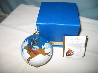 2018 PIER 1 IMPORTS REINDEER FAMILY PLAYING IN THE SNOW ORNAMENT W/BOX!-image