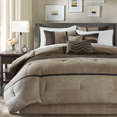 NEW! ~ ULTRA SOFT BROWN TAUPE TAN BEIGE STRIPE CABIN LODGE COZY COMFORTER SET-image