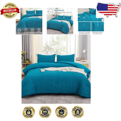 Teal Seersucker King Comforter Set - Chic 3 Piece All-Season Bedding-image