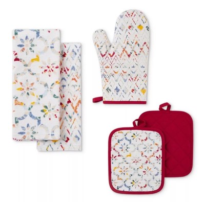 Mainstays Ogee Tile Kitchen Towel Pot Holder Oven Mitt Red 5 Pieces-image