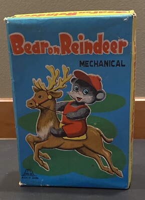 Vintage Bear On Reindeer Wind Up Tin Mechanical Japan Fuji Press Kogyo BOX ONLY-image