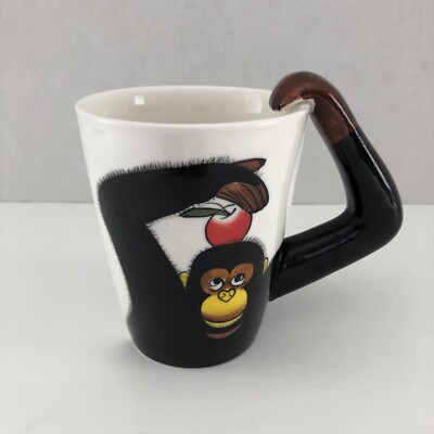 Pier 1 One Imports Monkey  3D Arm Handle  Coffee Tea Mug Cup White/Brown-image