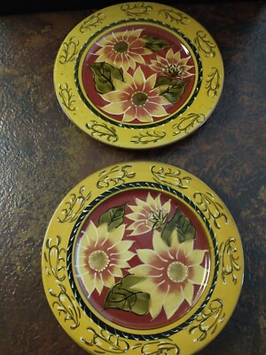 Set of 2 Pier 1 Hand Painted Sunflower Plates 8.5